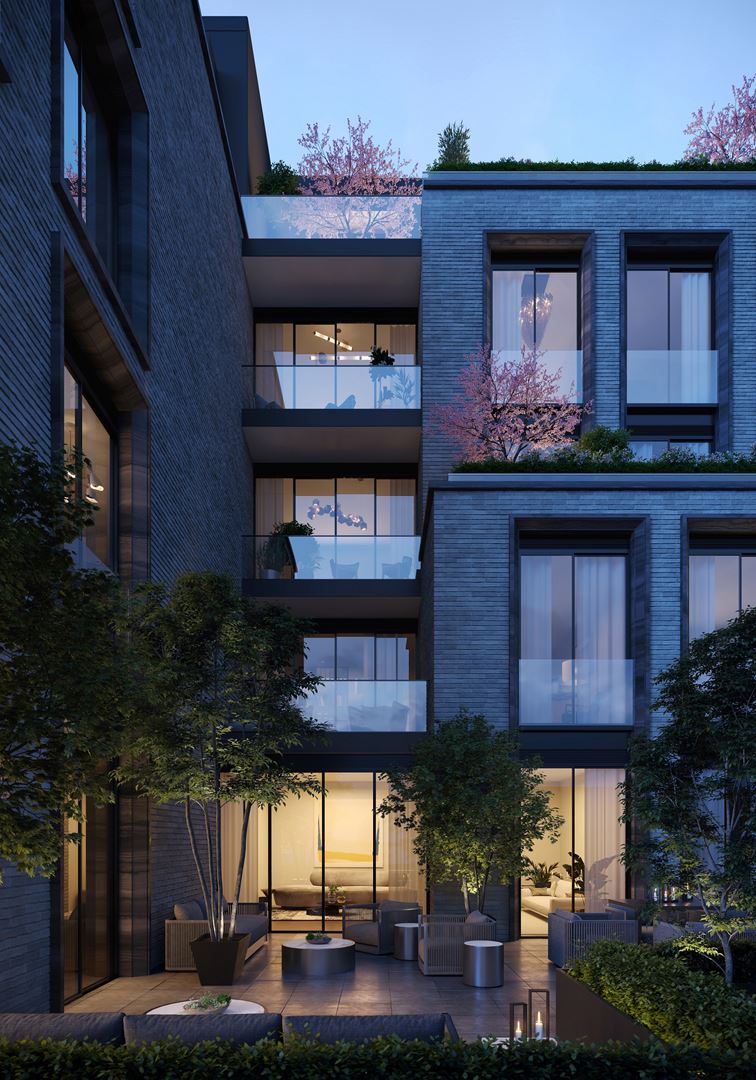 Rendering of 10 Prince Arthur Condos exterior siding at night.