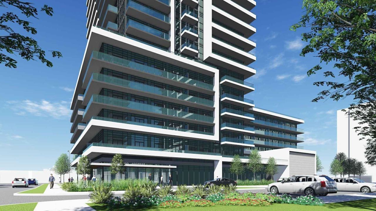 Rendering of 1221 Markham Road Condos exterior tower closeup at base.