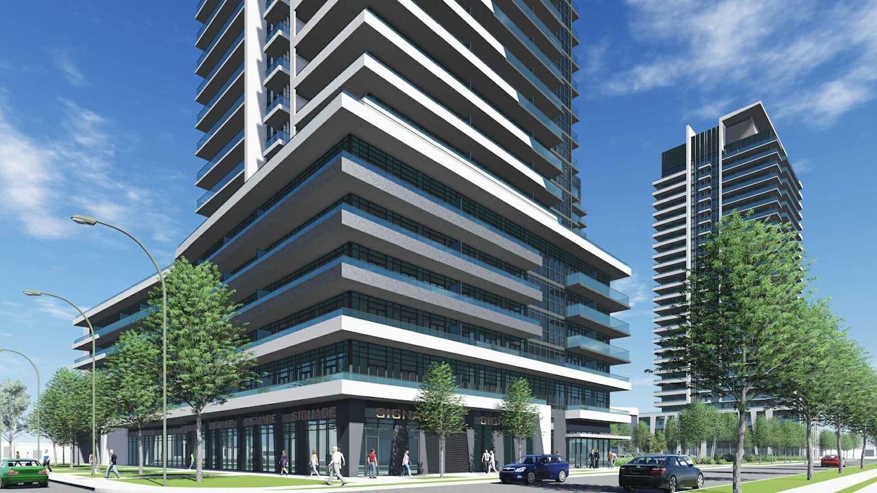 Rendering of 1221 Markham Road Condos exterior podium and streetscape.