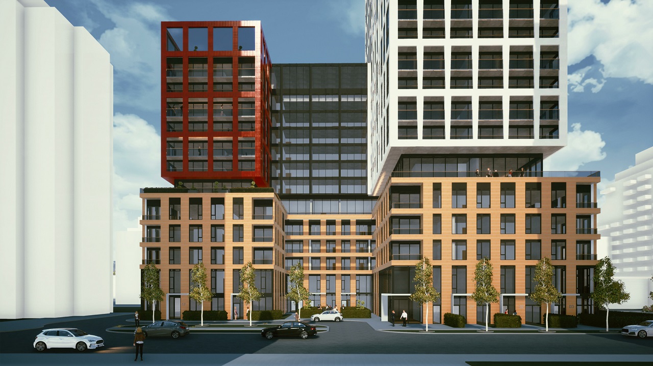 Partial front-facing exterior rendering of 155 Balliol Condos in Toronto.