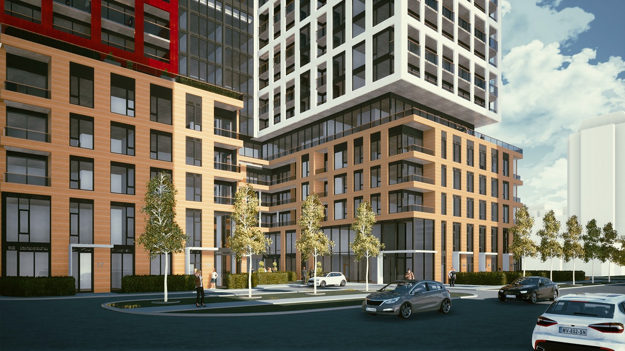 Partial side-view exterior rendering of 155 Balliol Condos in Toronto.