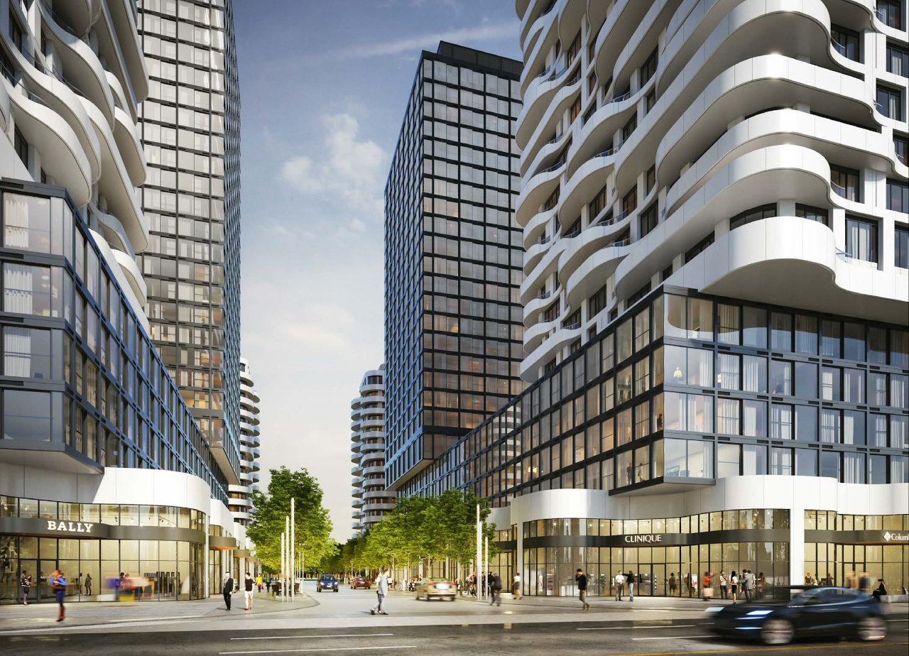 Rendering of 180 Steeles Avenue West Condos streetscape with ground-level retail.