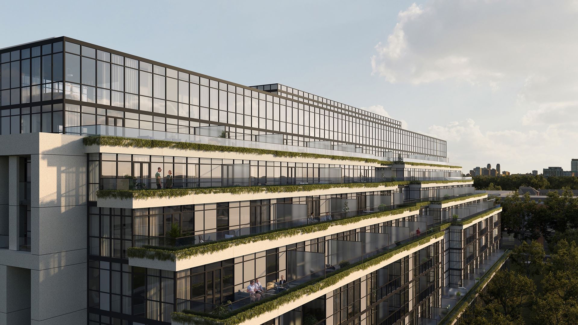 Rendering of 181 East Condos exterior suite terraces and view.