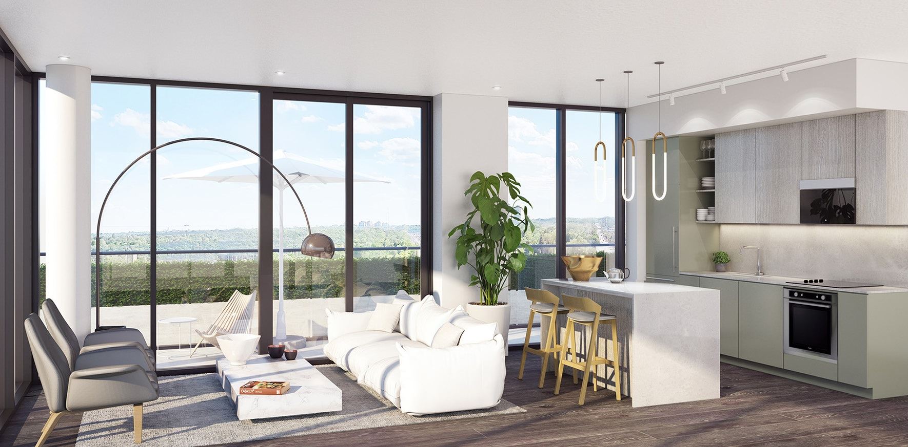 Rendering of 181 East Condos suite interior living area.