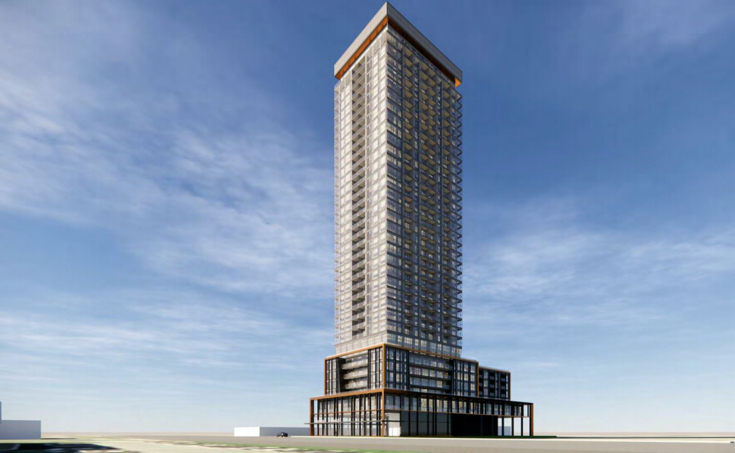Rendering of 1910 Eglinton East Condos exterior in full.