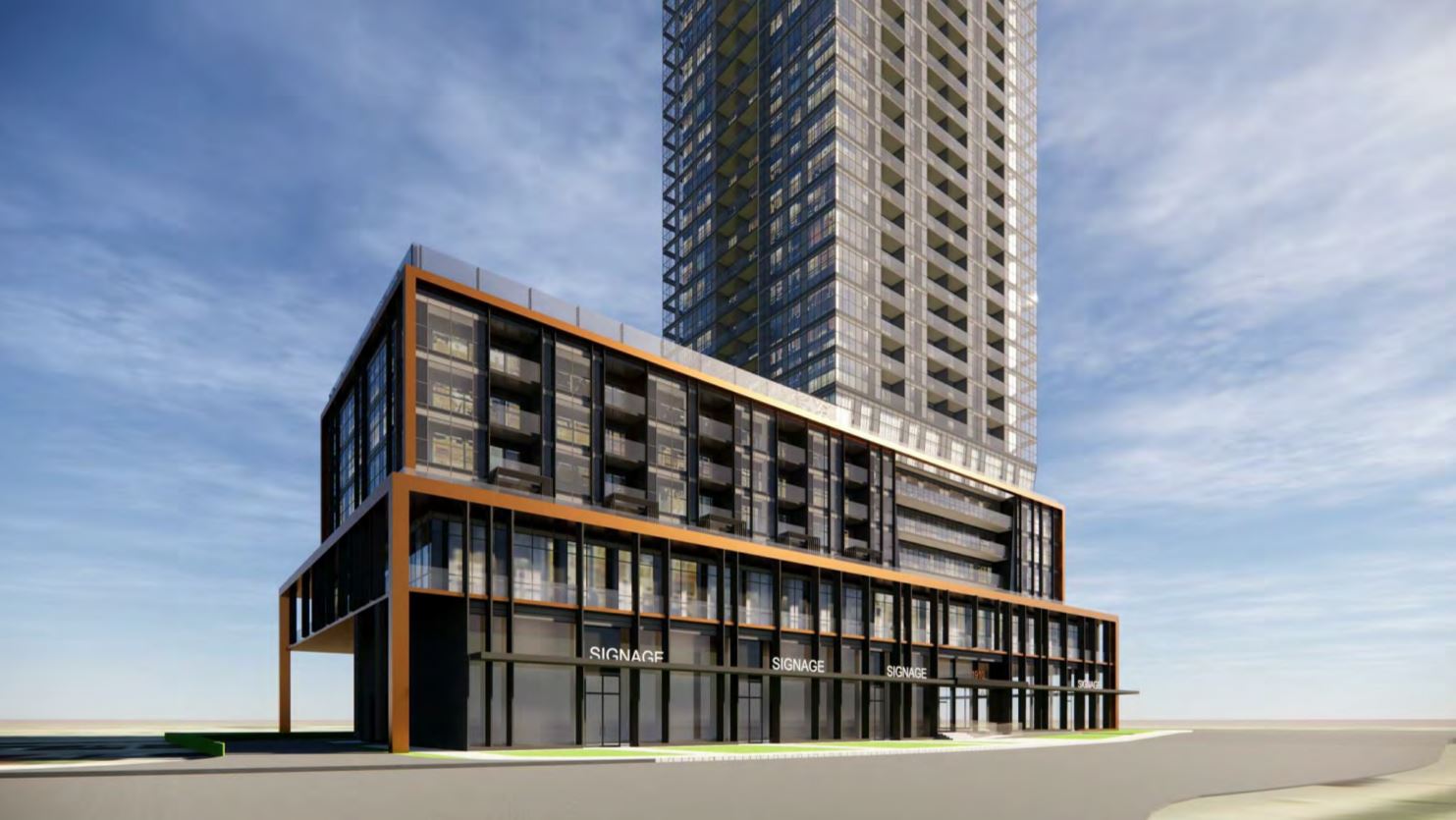 Rendering of 1910 Eglinton East Condos podium and streetscape.