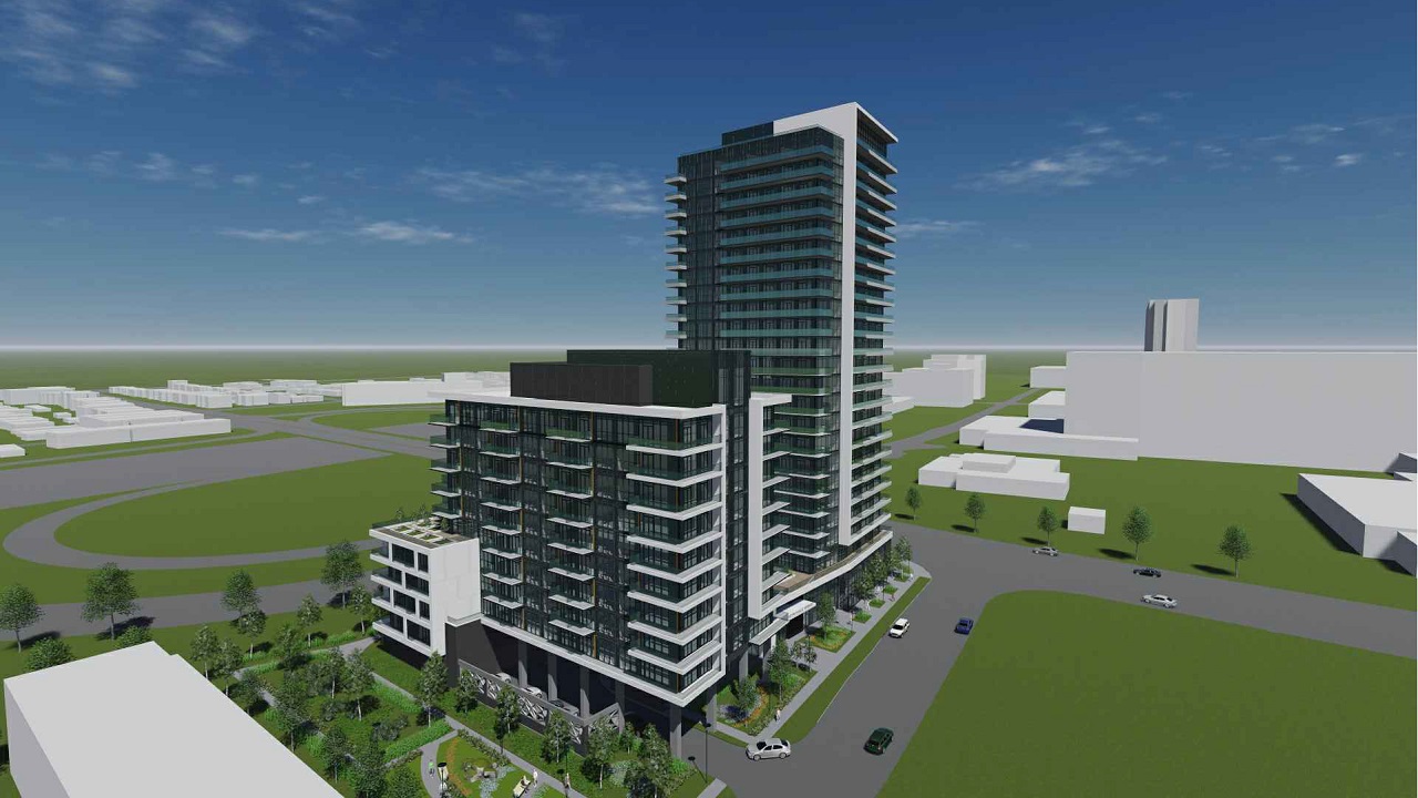 Aerial rendering of 2699 Keele Street Condos two towers and road.