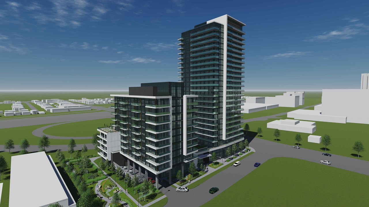 Aerial rendering of 2699 Keele Street Condos exterior and road ways.