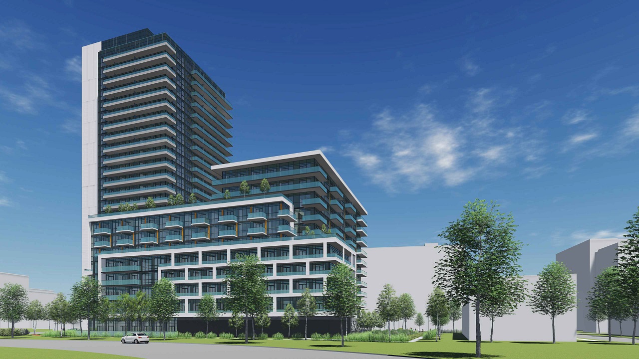 Rendering of 2699 Keele Street Condos exterior side view and greenery.