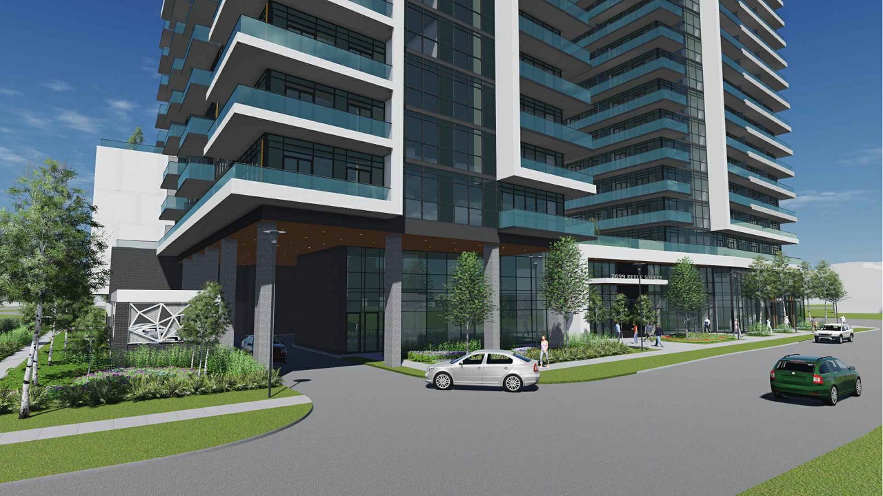 Rendering of 2699 Keele Street Condos building exterior and parking garage entry.