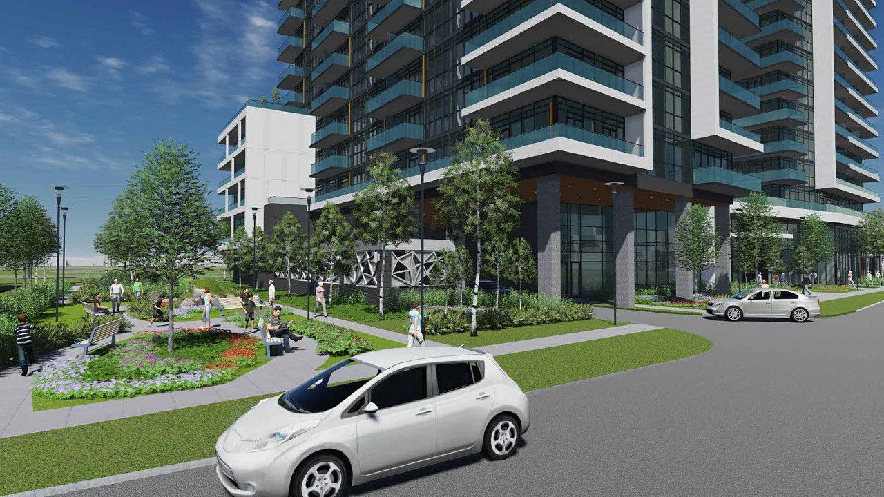 Rendering of 2699 Keele Street Condos streetscape and building exterior.