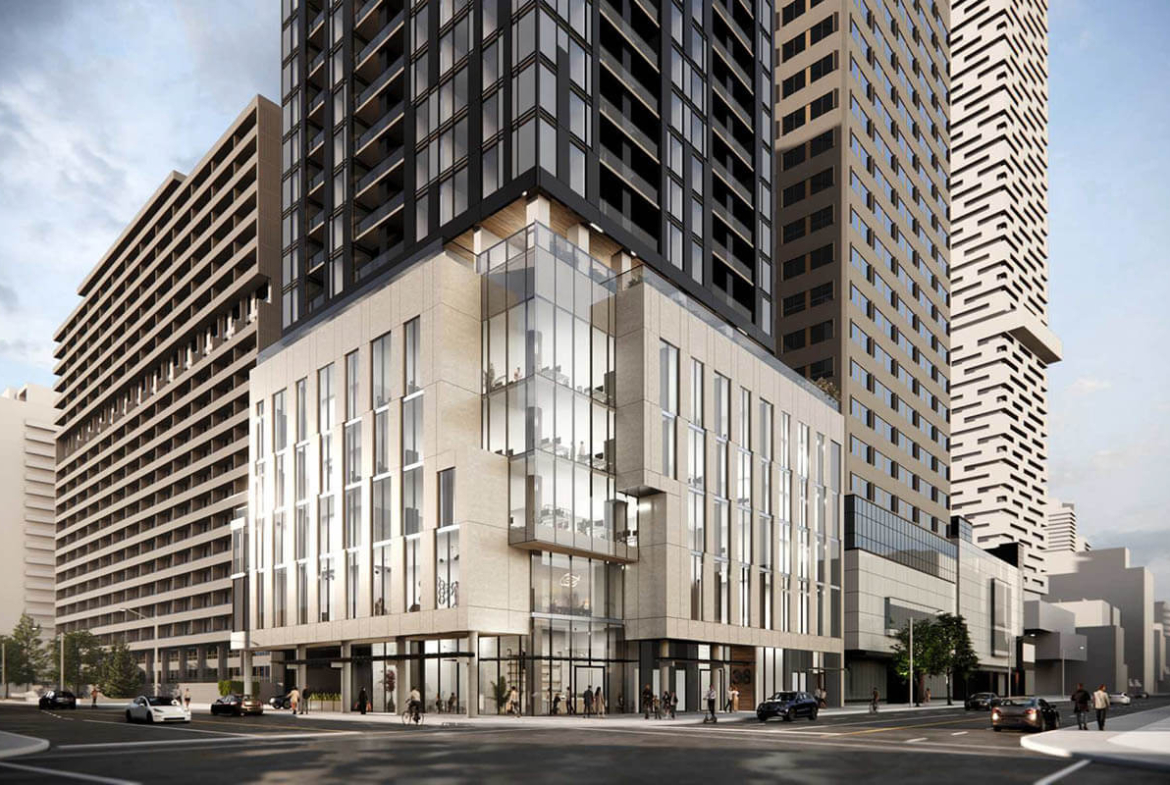 Rendering of 36 Eglinton West Condos exterior close up entrance