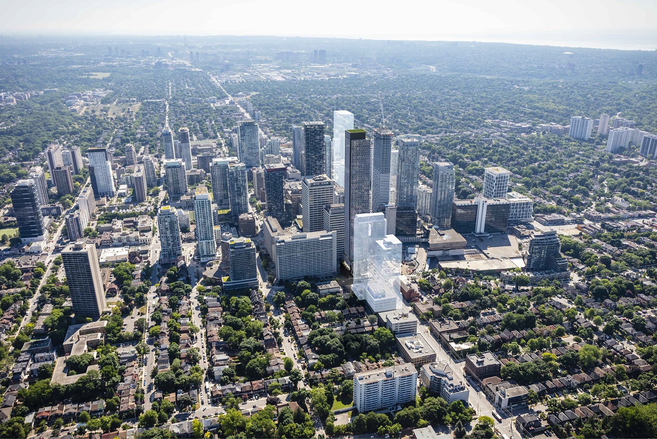 Aerial rendering of 36 Eglinton West Condos in Scarborough.