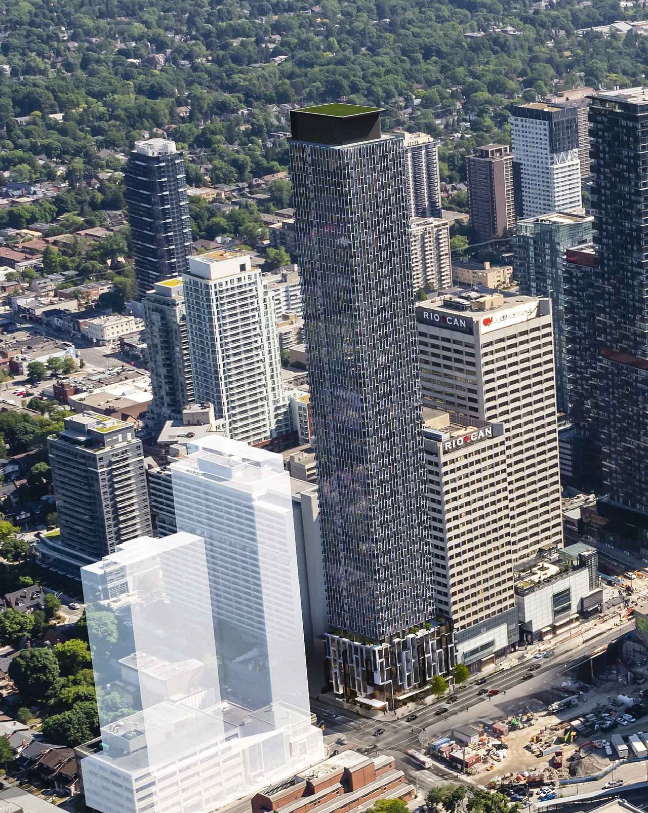 Aerial rendering of 36 Eglinton West Condos by Lifetime Developments.