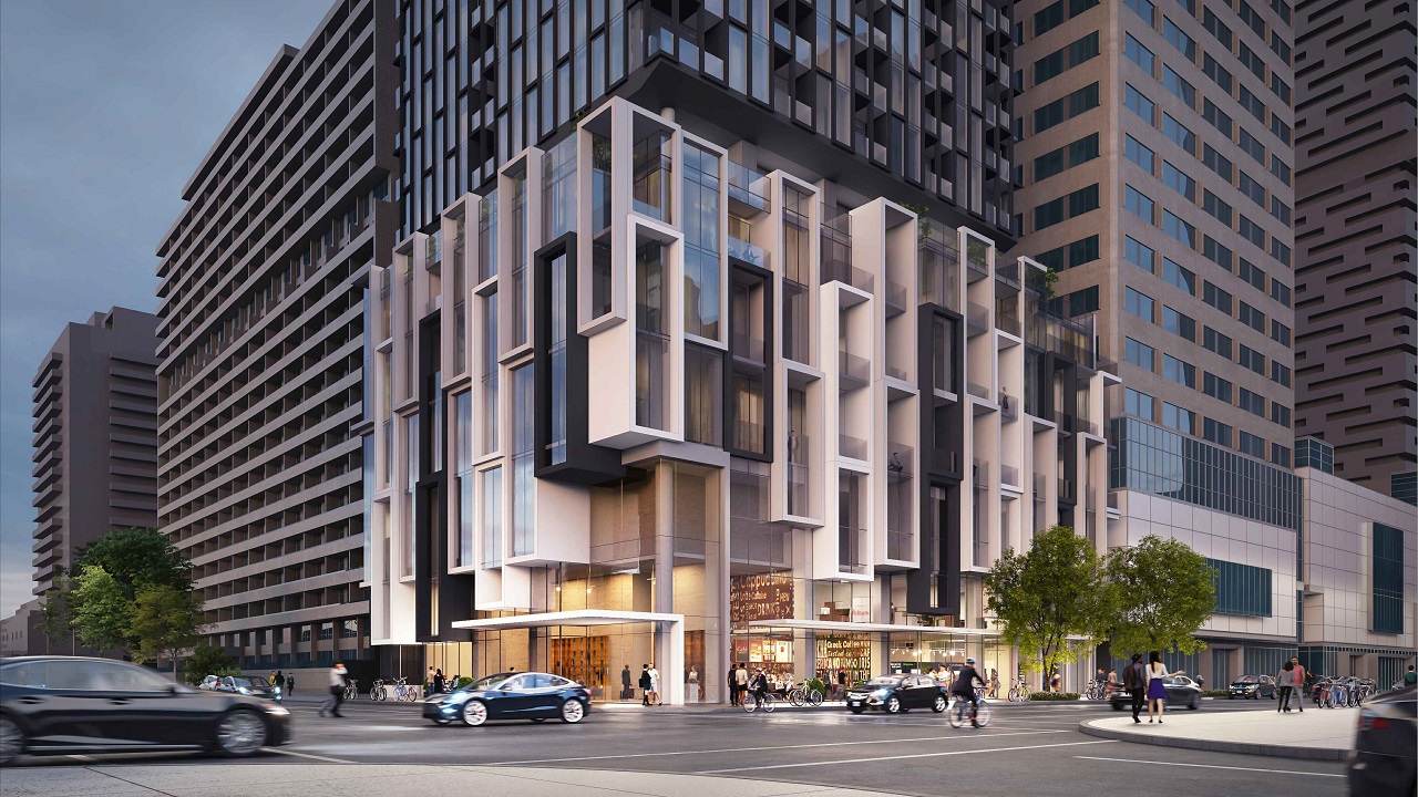 Rendering of 36 Eglinton West Condos exterior podium at night.