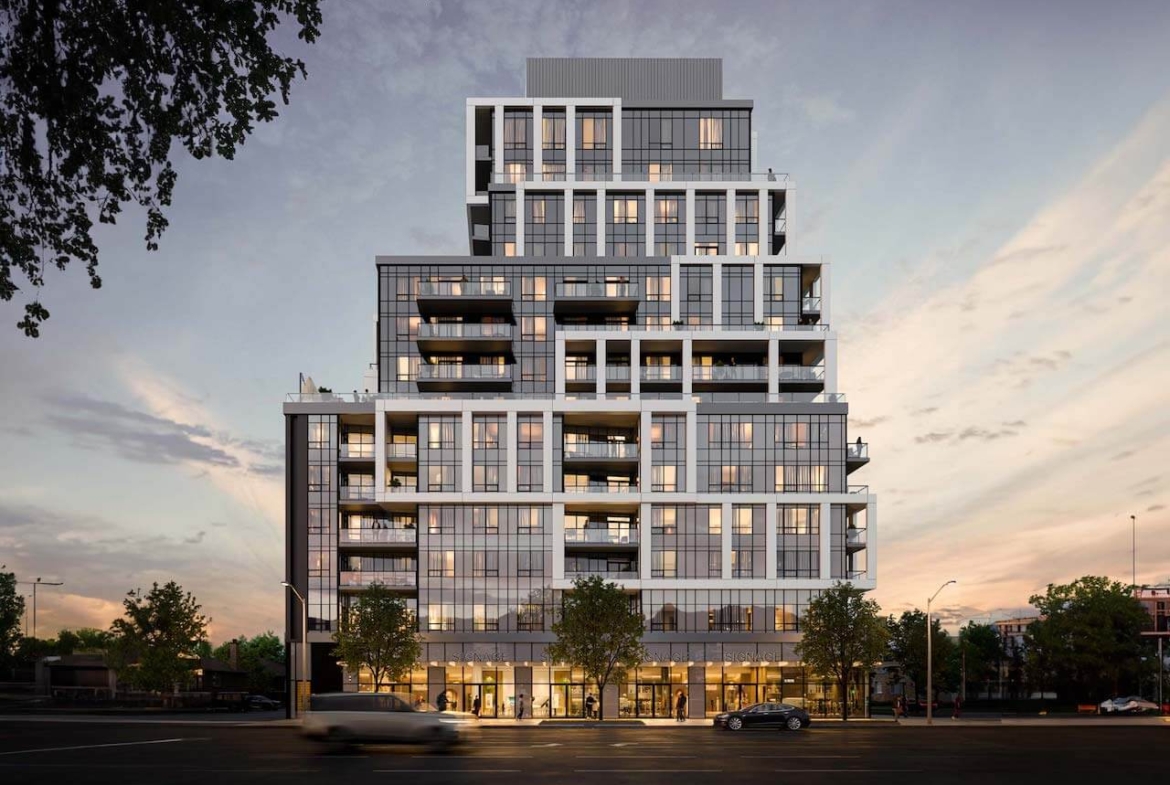 Rendering of 6080 Yonge Condos exterior at dusk