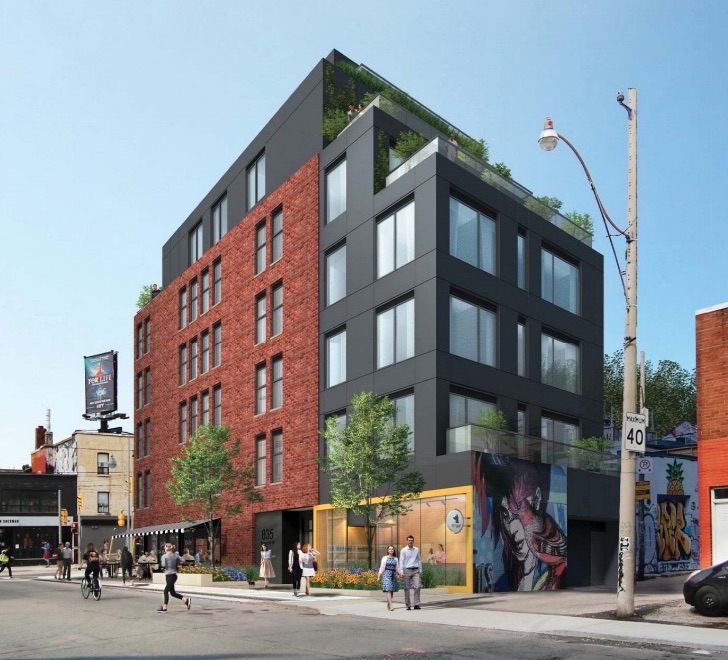 Rendering of 835 Queen Street West Condos exterior with streetview.