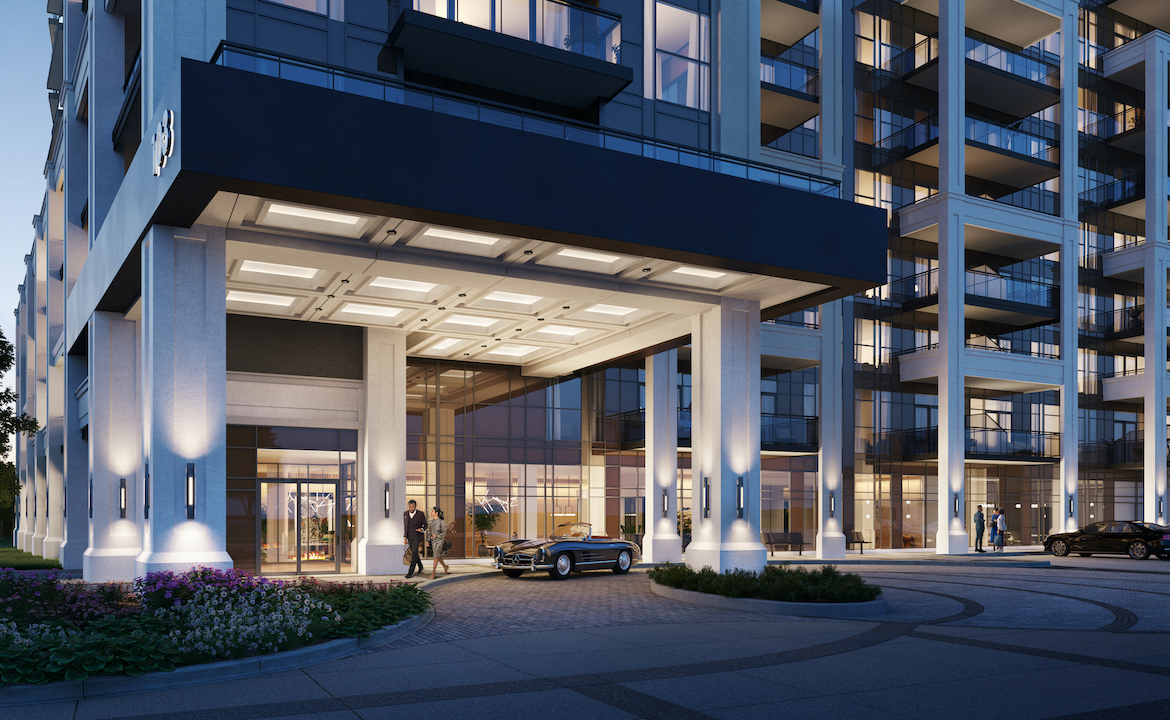 Rendering of The Butler Condos building exterior entrance.