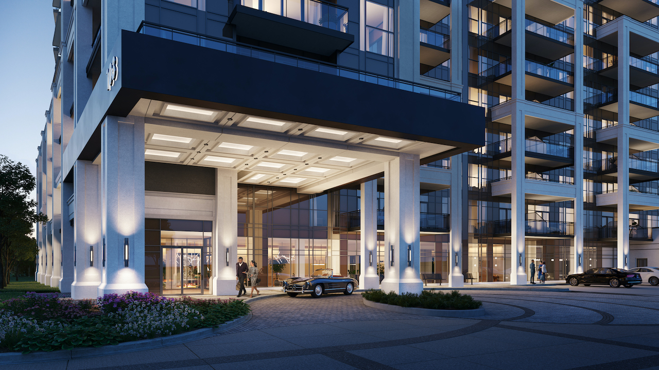 Rendering of The Butler Condos building exterior entrance.
