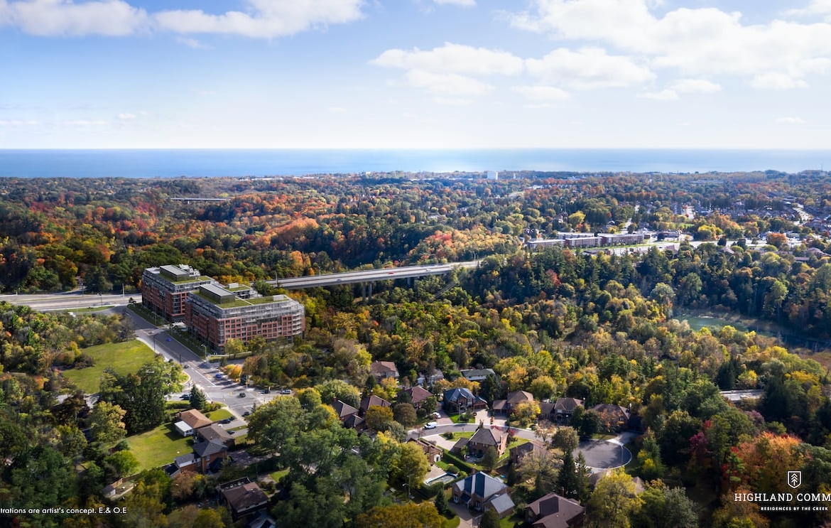 Aerial rendering of Highland Commons condos in Scarborough
