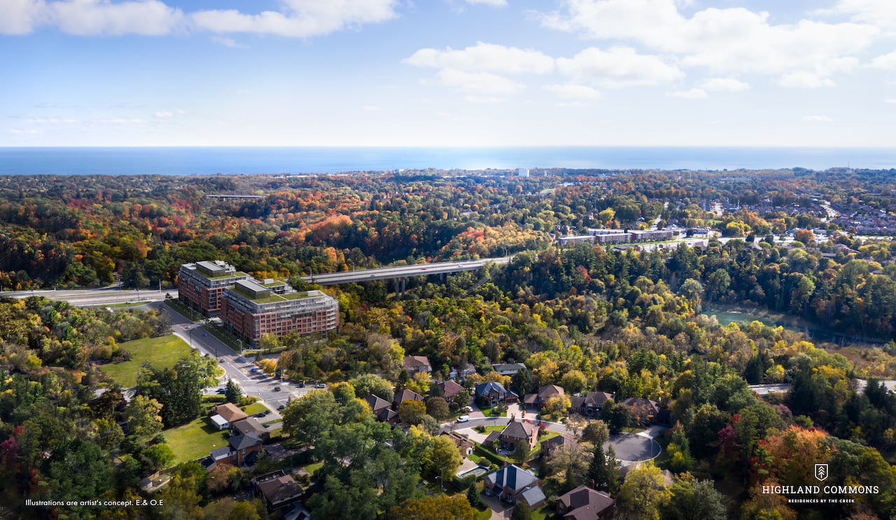 Aerial rendering of Highland Commons condos in Scarborough