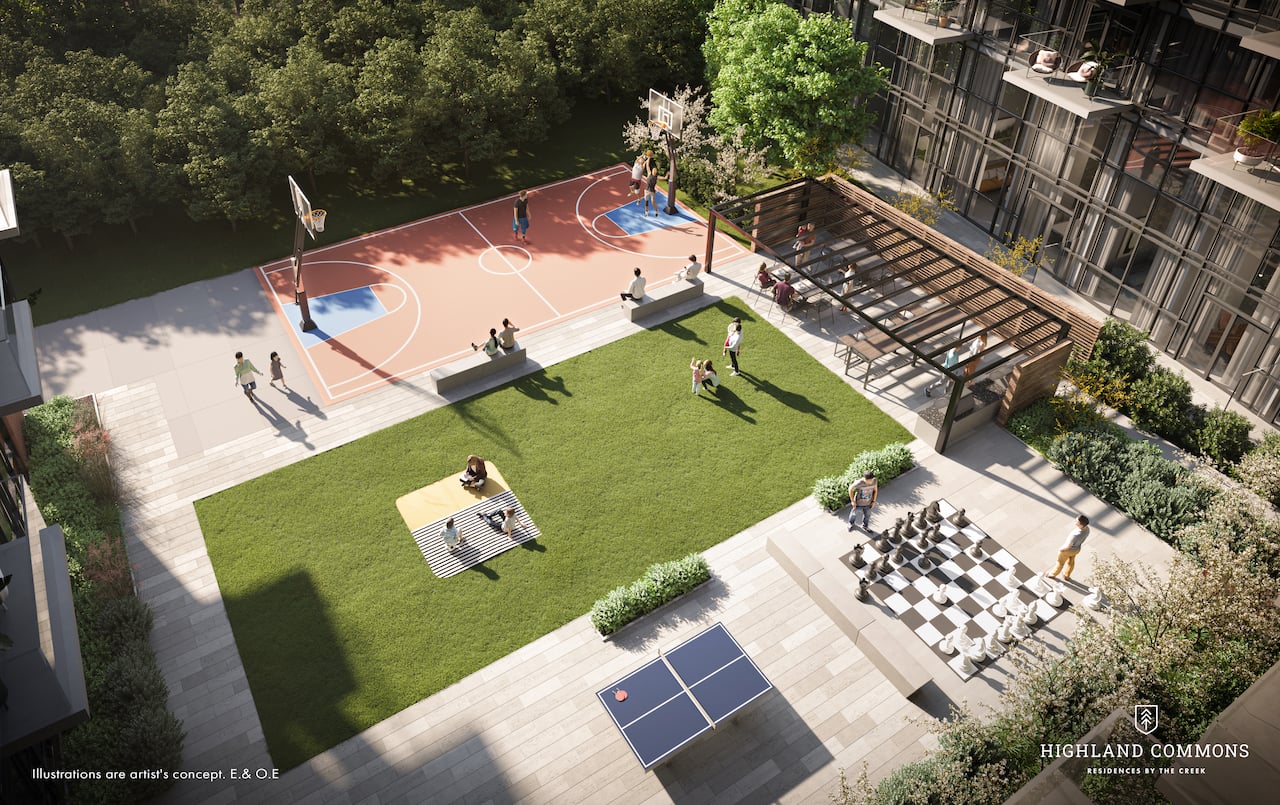 Rendering of Highland Commons condos outdoor basketball court