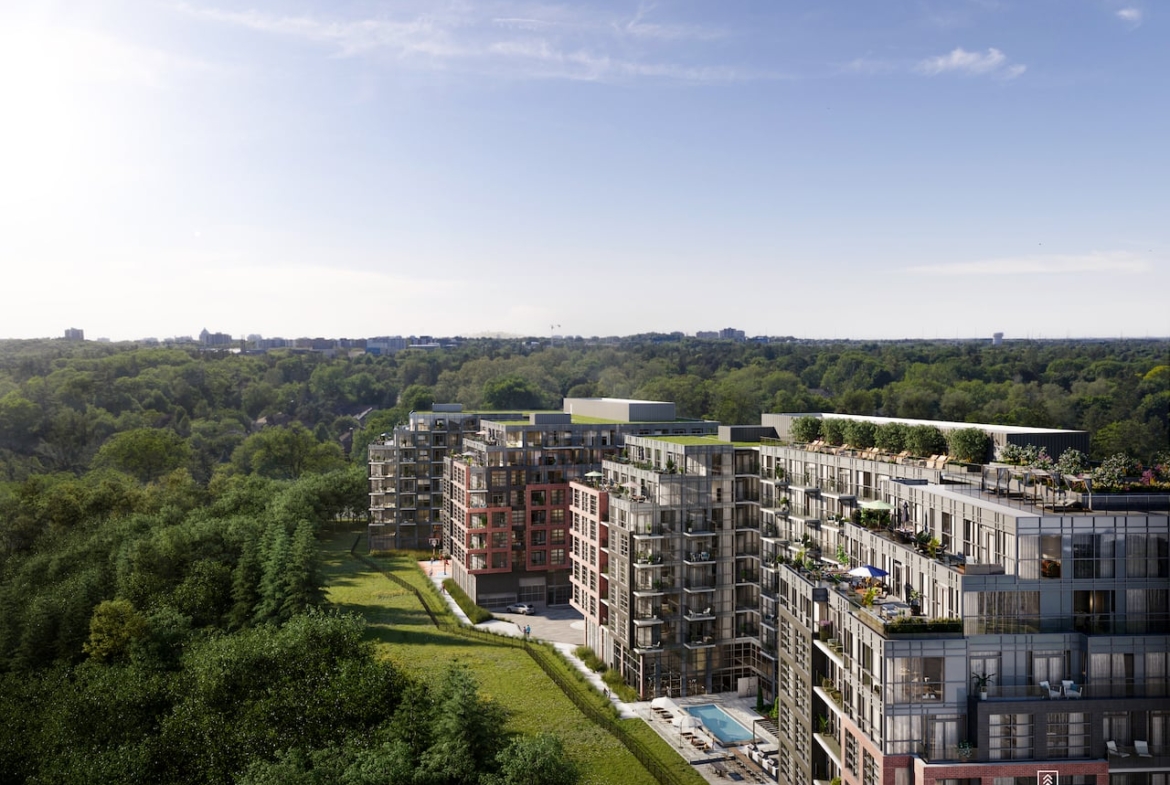 Aerial Rendering of Highland Commons condos buildings from behind