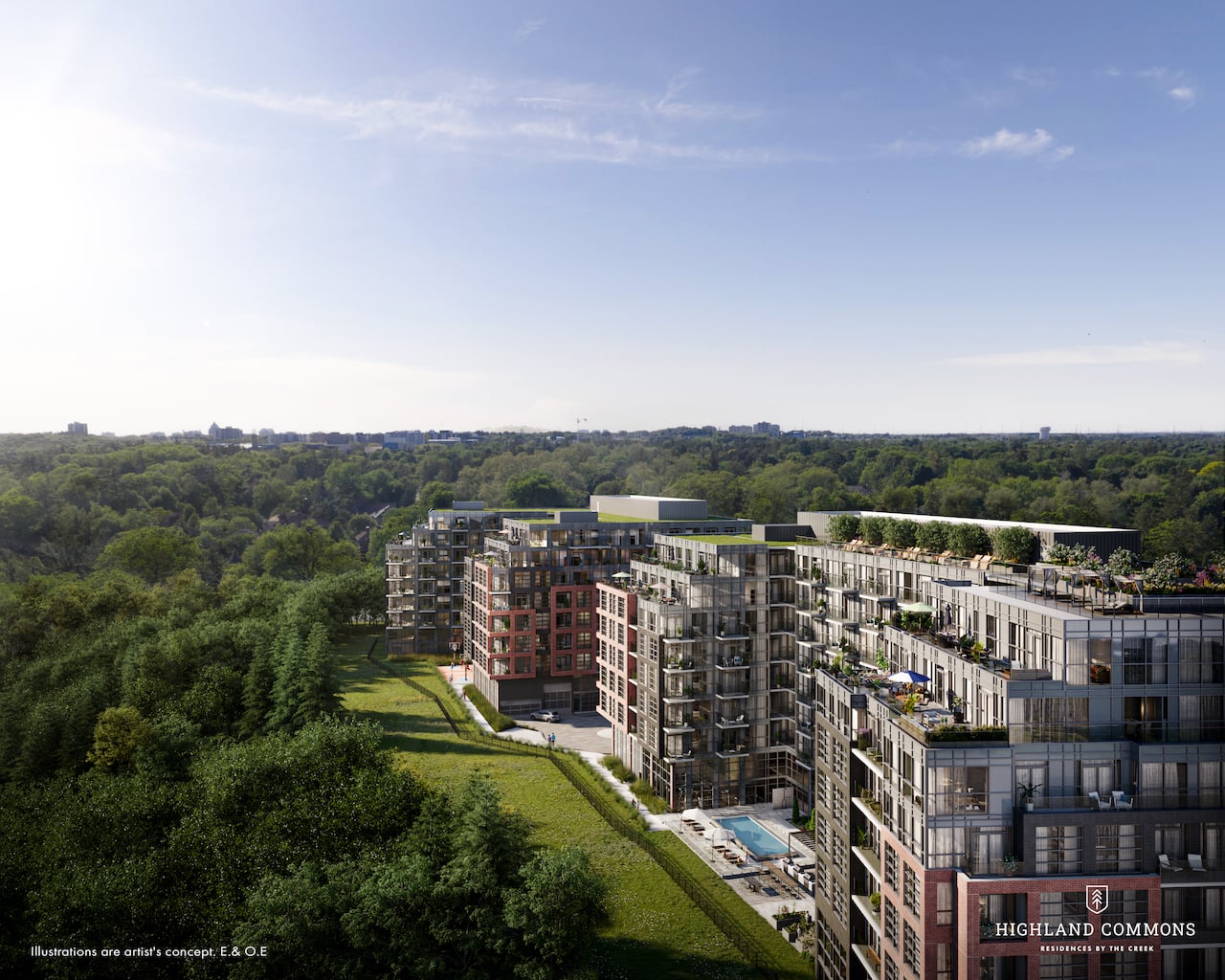 Aerial Rendering of Highland Commons condos buildings from behind