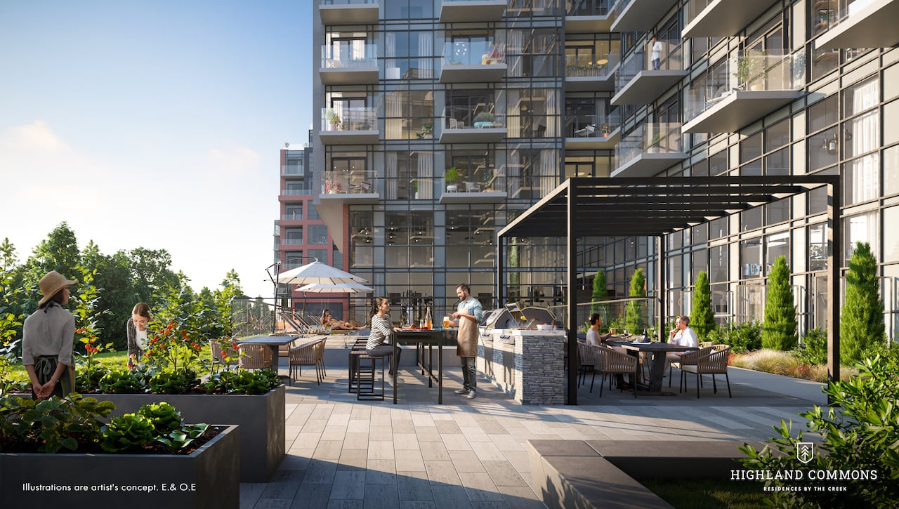 Rendering of Highland Commons condos garden and BBQ area