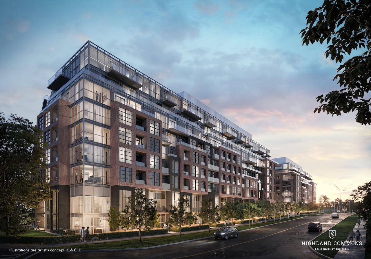 Rendering of Highland Commons condos exterior at night