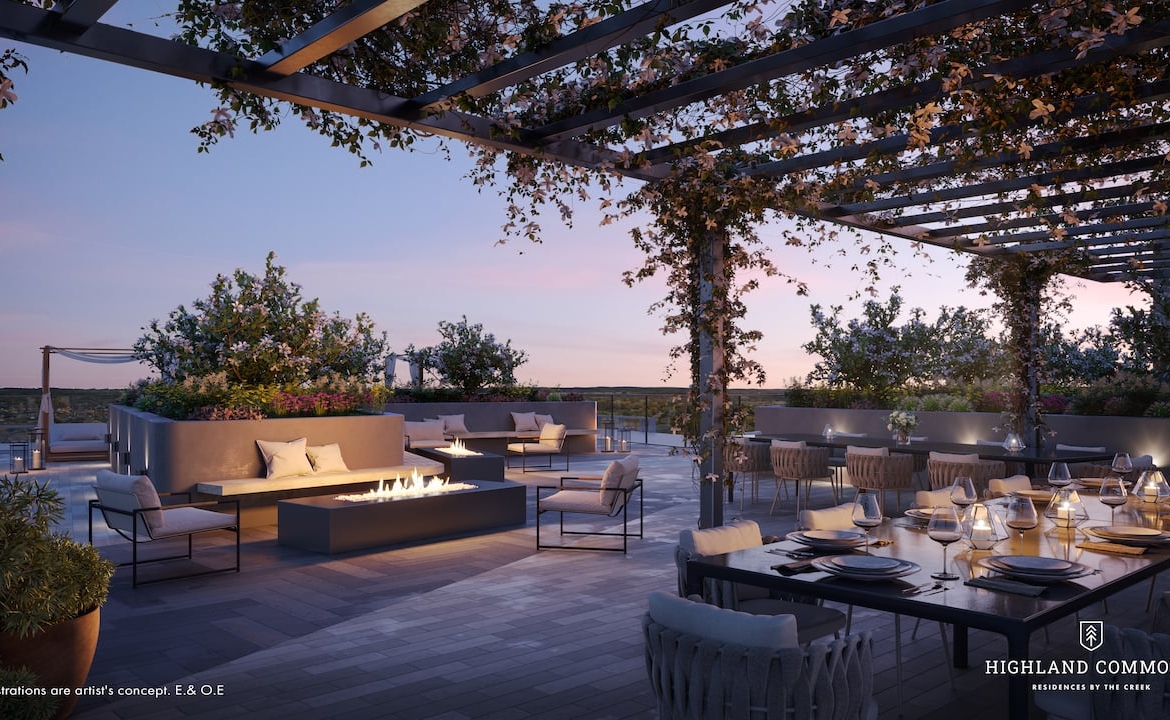 Rendering of Highland Commons condos rooftop in the evening