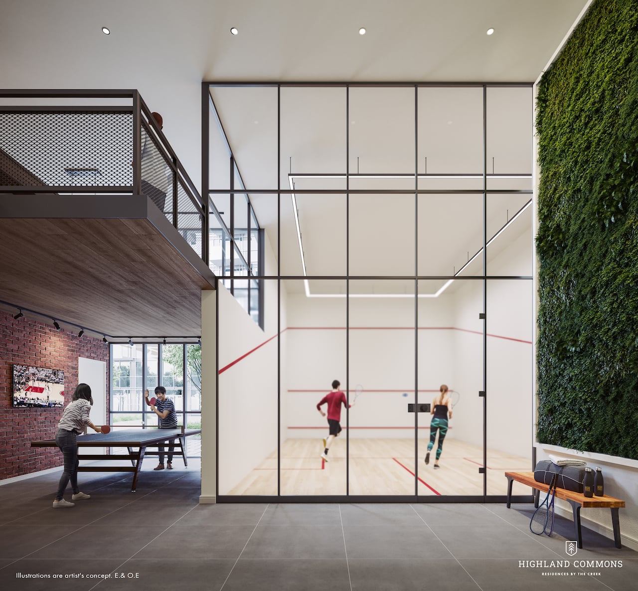 Rendering of Highland Commons condos squash court and ping pong table