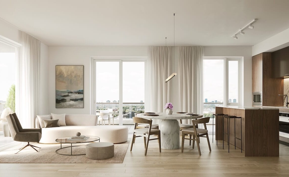 Rendering of The Leaside condo living and kitchen area