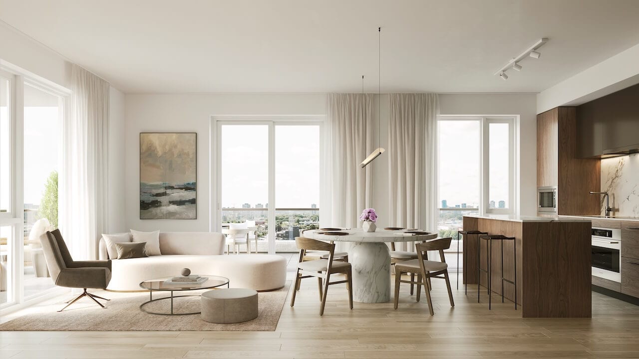 Rendering of The Leaside condo living and kitchen area