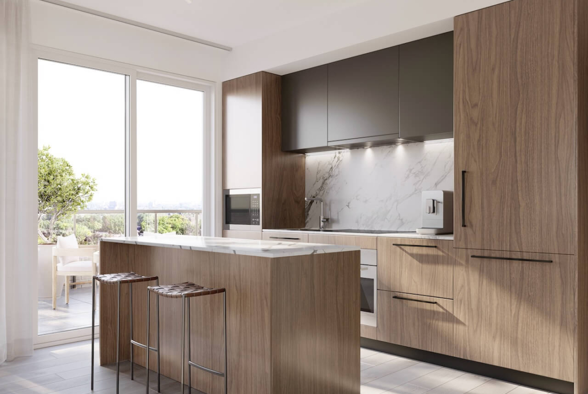 Rendering of The Leaside suite kitchen interior dark