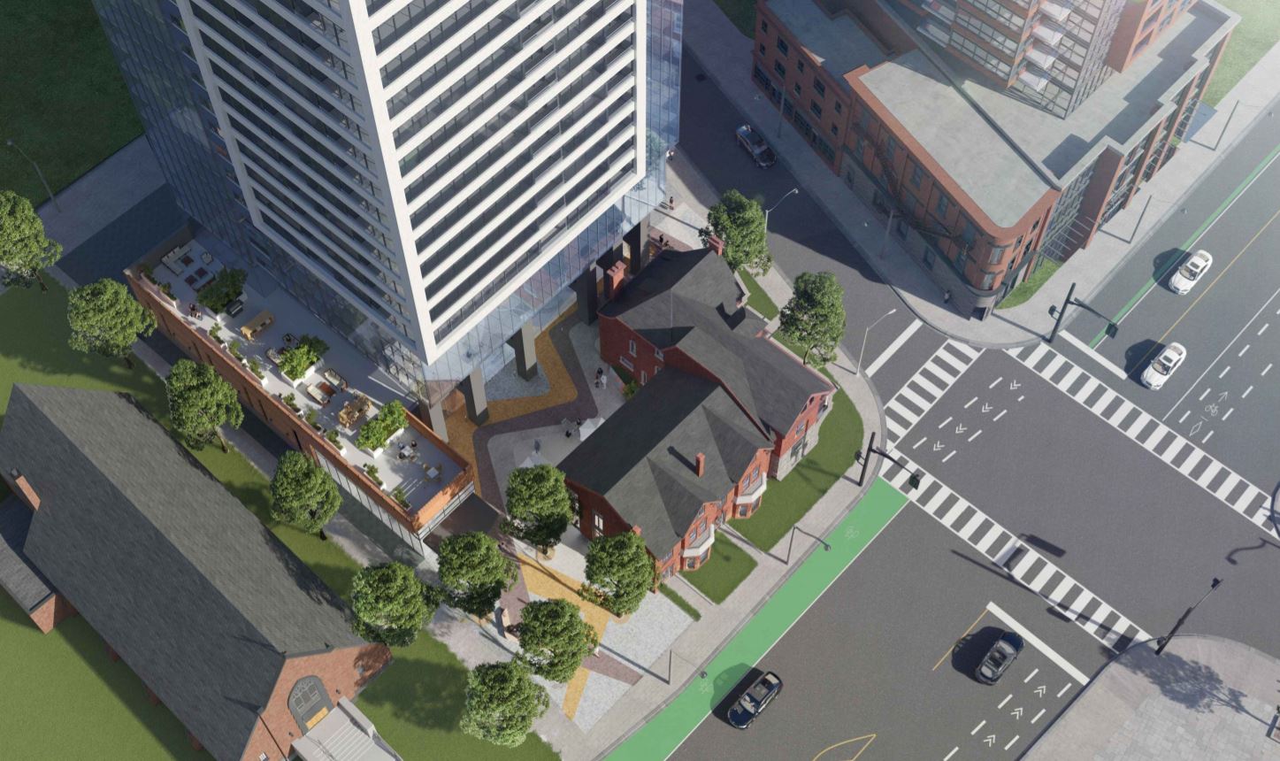 Aerial rendering of Burke Condos and streetscape.