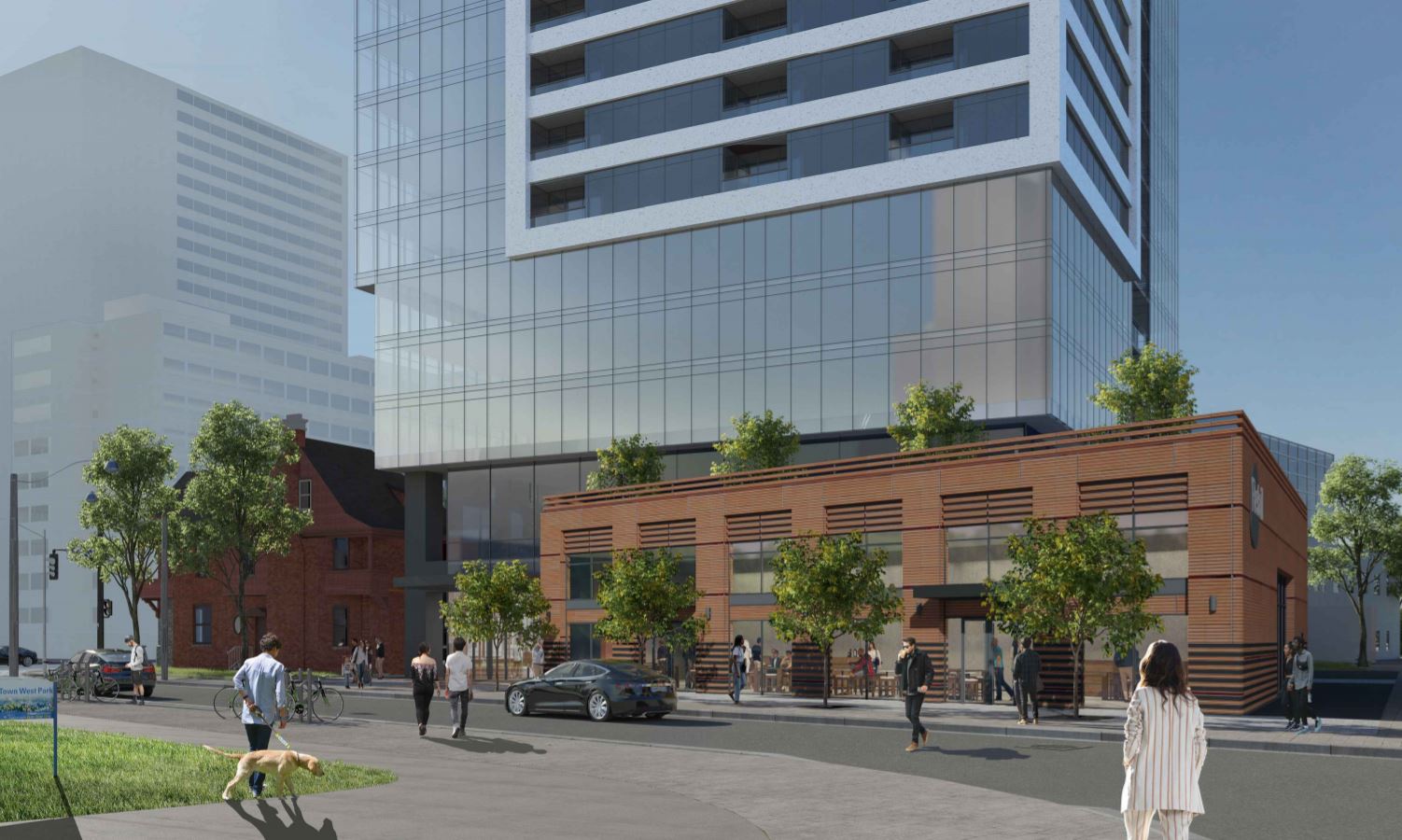 Rendering of Burke Condos podium exterior and street area.