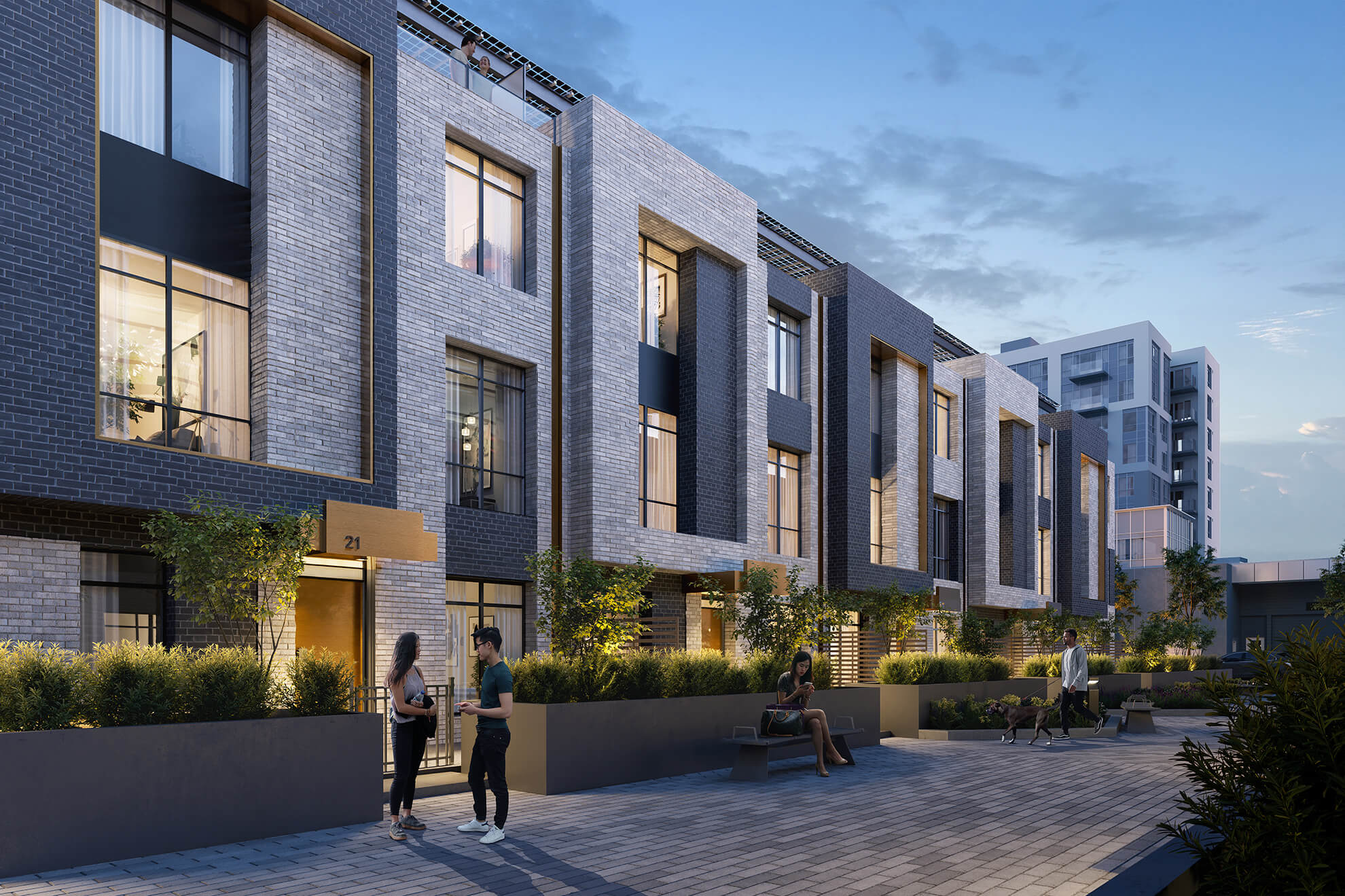 Rendering of Field House Towns exterior courtyard at night.