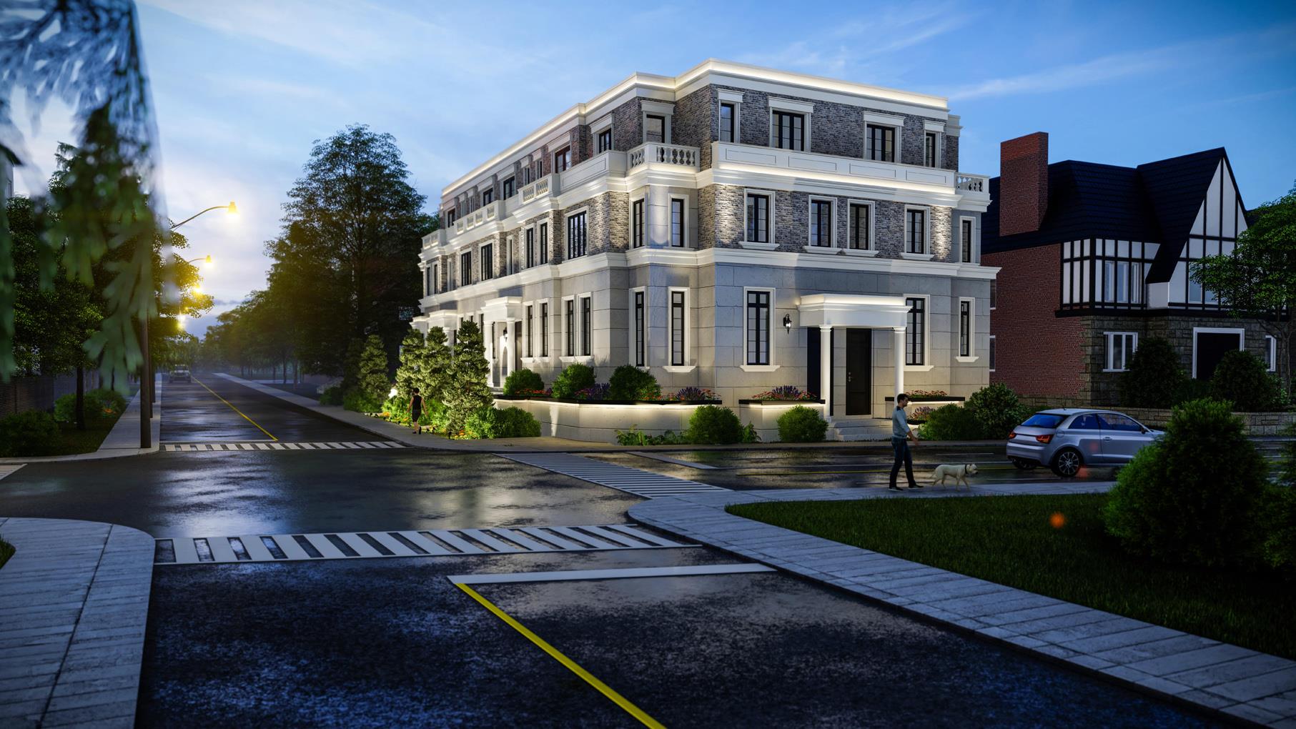 Rendering of Hillhurst Towns exterior front at night.