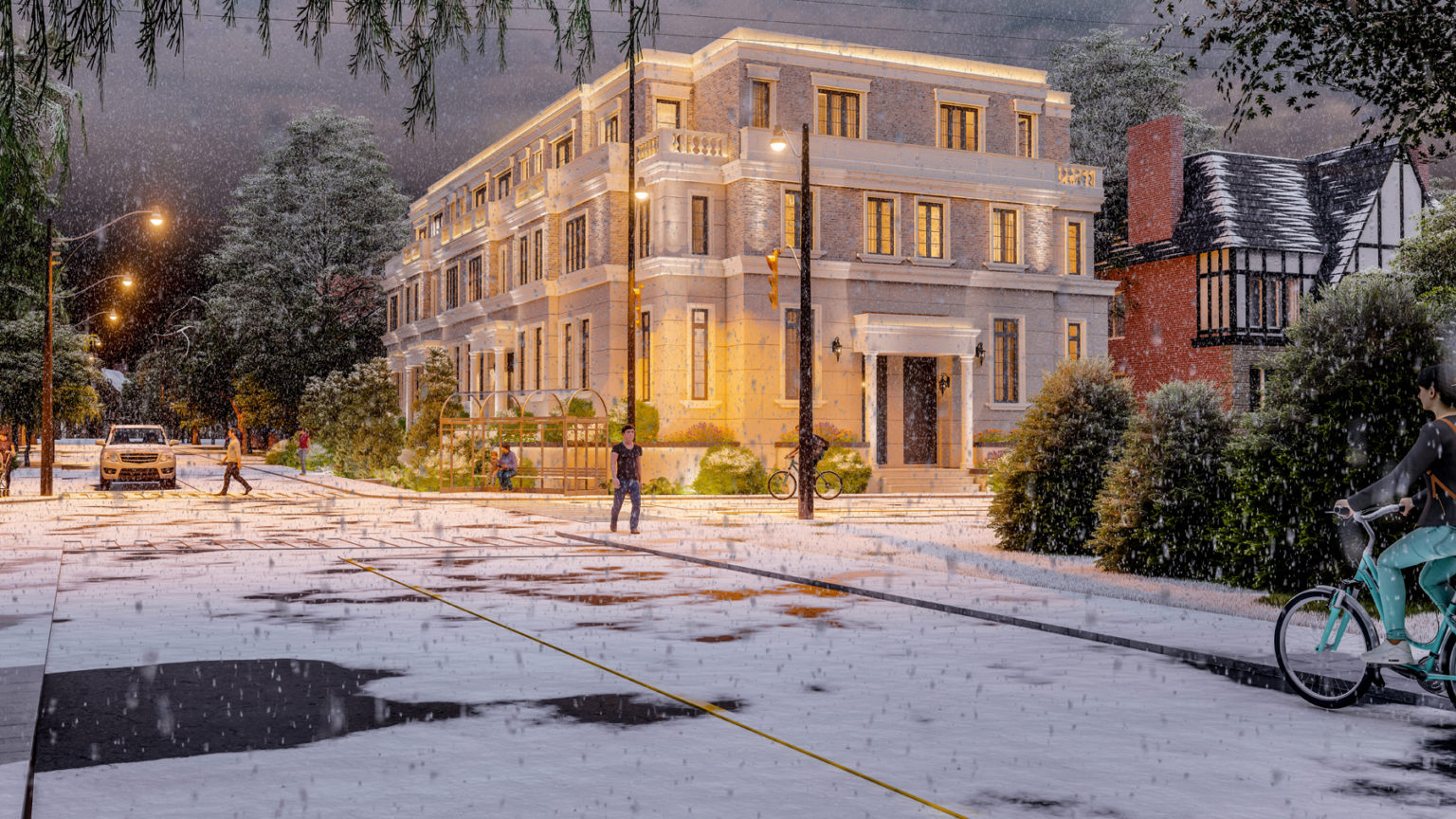 Rendering of Hillhurst Towns exterior in the winter.