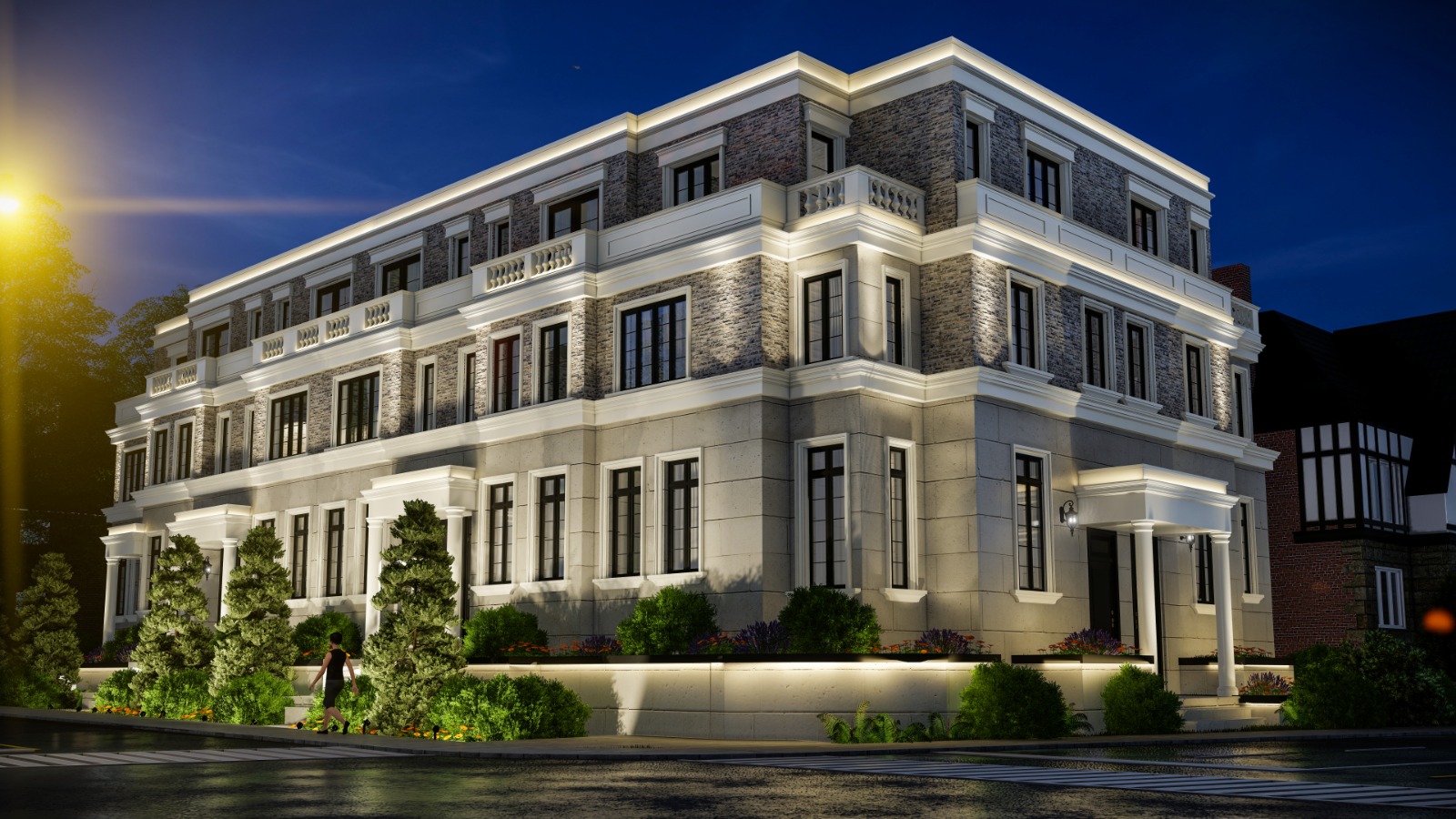 Rendering of Hillhurst Towns exterior at night.