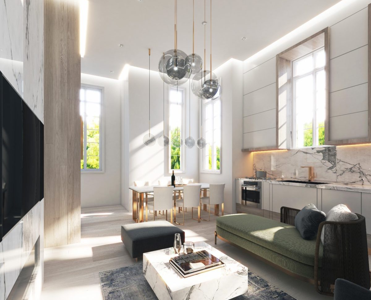 Rendering of Hillhurst Towns interior open concept living room.