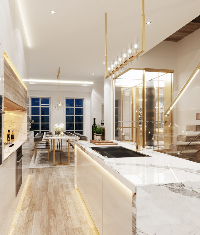 Rendering of Hillhurst Towns interior kitchen at night.