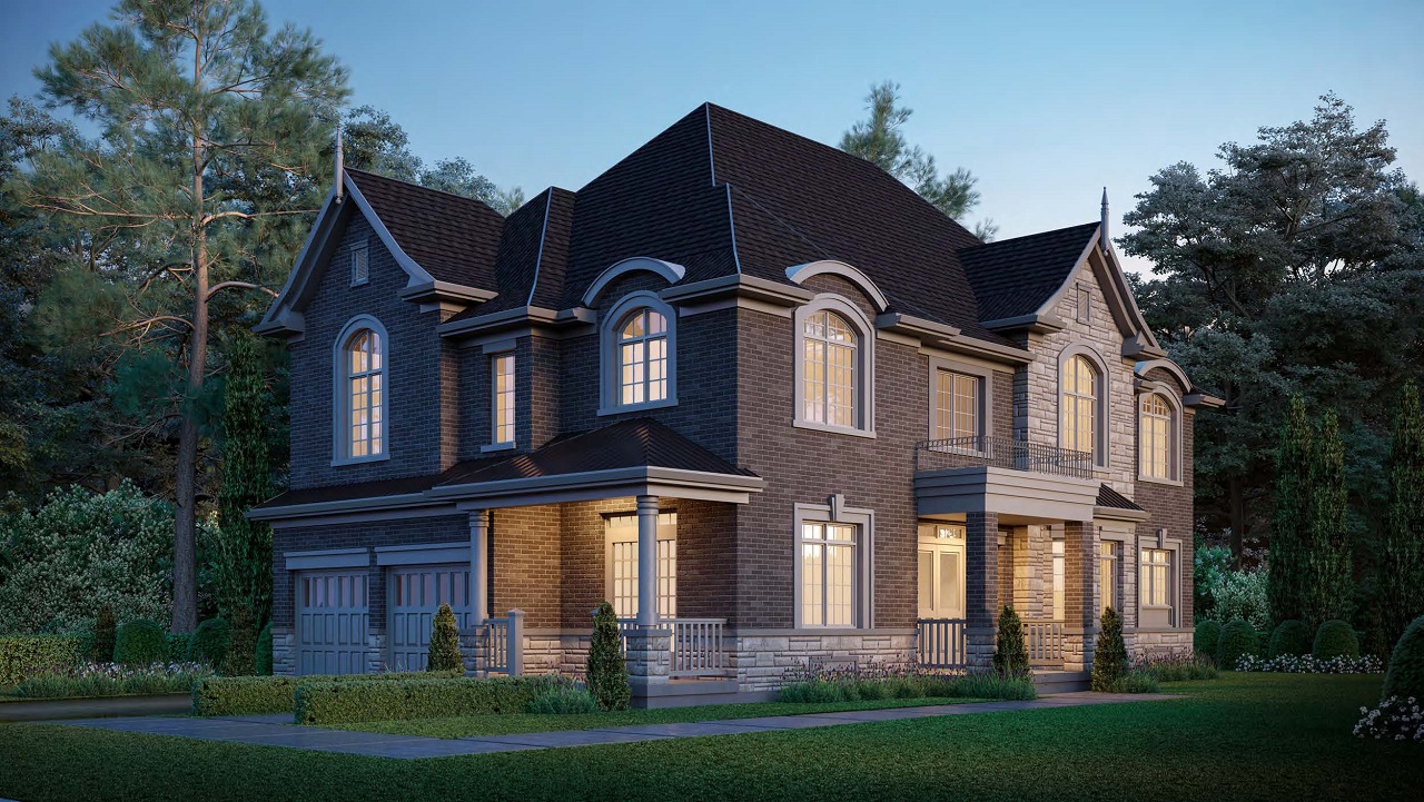 Exterior rendering of King East Estates detached home at night.