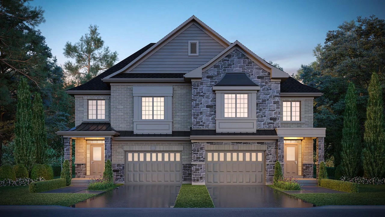 Exterior rendering of King East Estates semi-detached home at night.