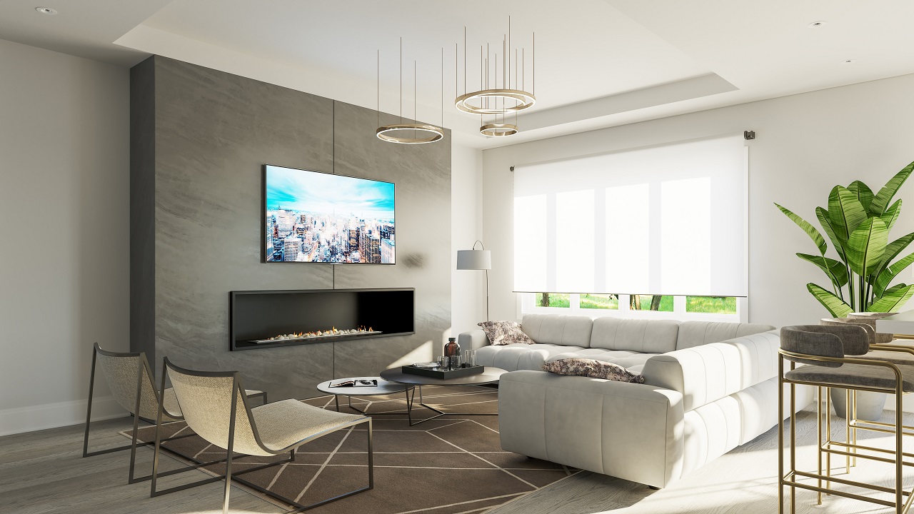 Interior rendering of King East Estates suite living room.