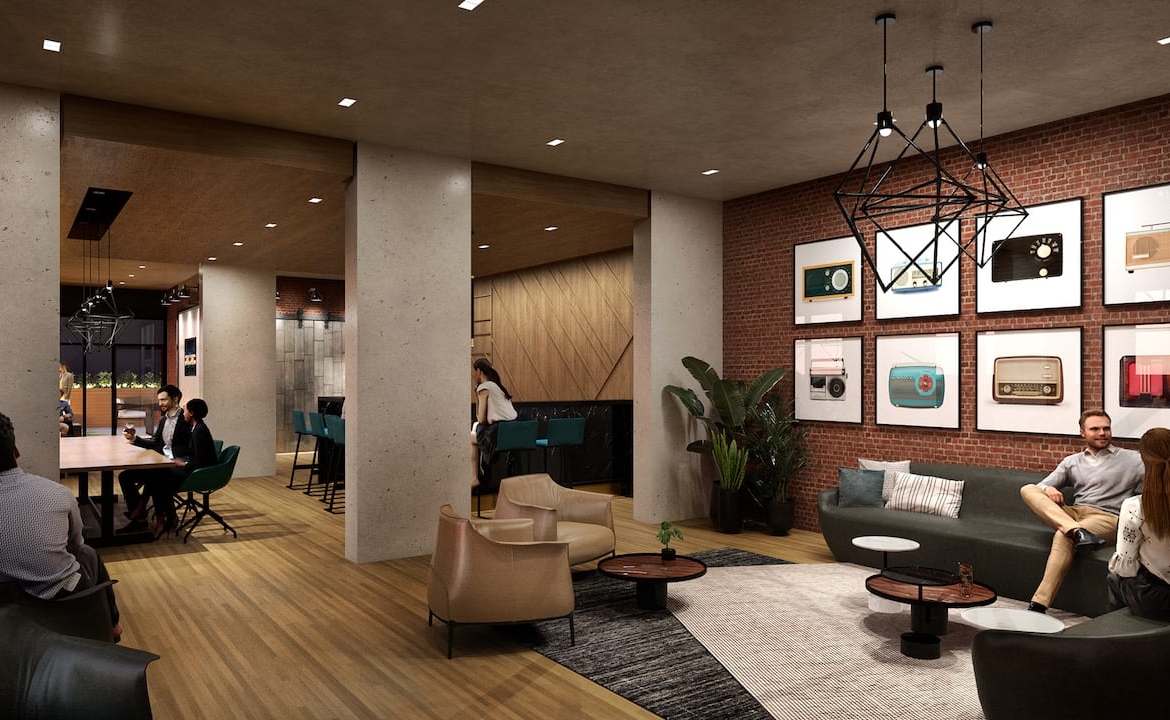 Rendering of Radio Arts Condos interior social lounge