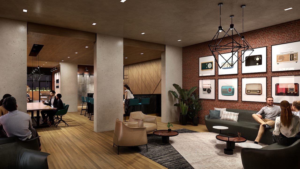 Rendering of Radio Arts Condos interior social lounge