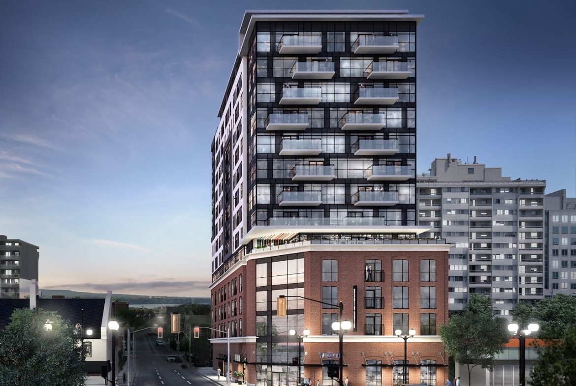 Rendering of Radio Arts Condos exterior at night