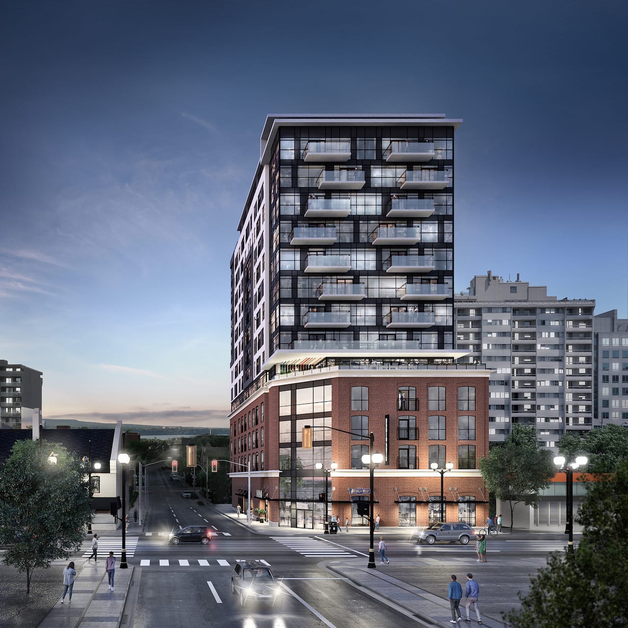 Rendering of Radio Arts Condos exterior at night